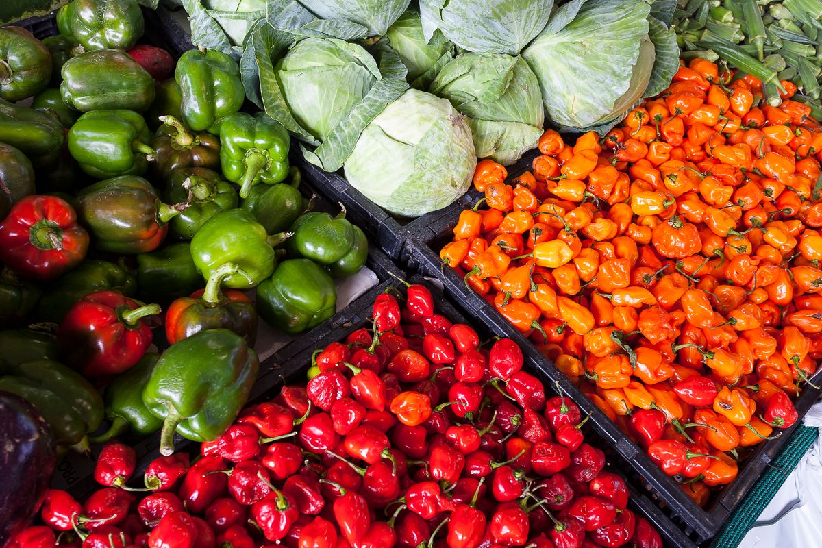 Fresh farm produce at the on-farm store — colorful vegetables and fruits